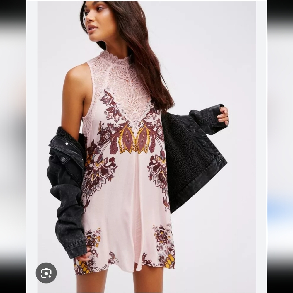 Free People Marsha Blush Combo Floral Printed Slip Dress Lace Neck XS